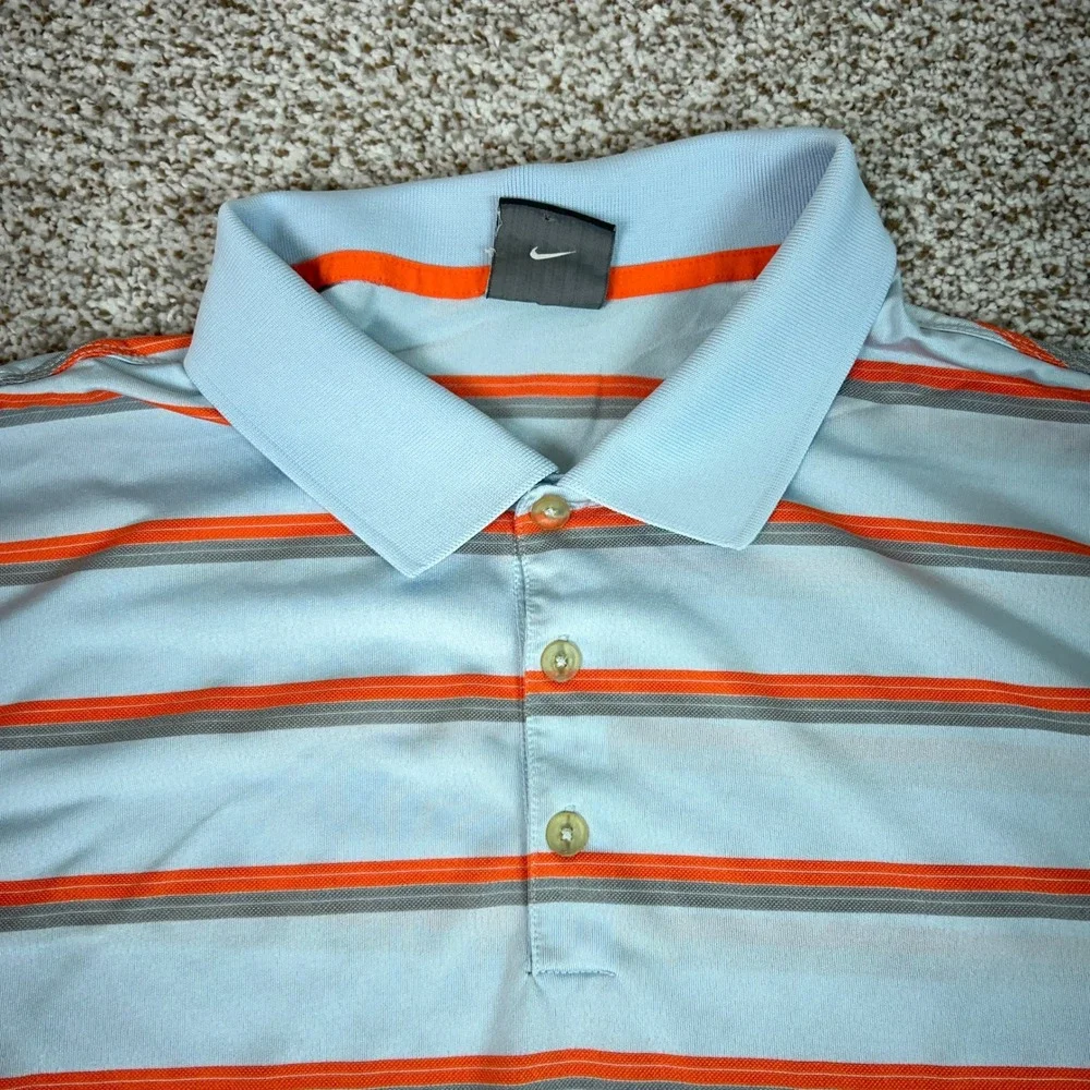 Nike Golf Polo Shirt Mens XXL Blue Orange Striped Dri FIT Tour Performance Logo